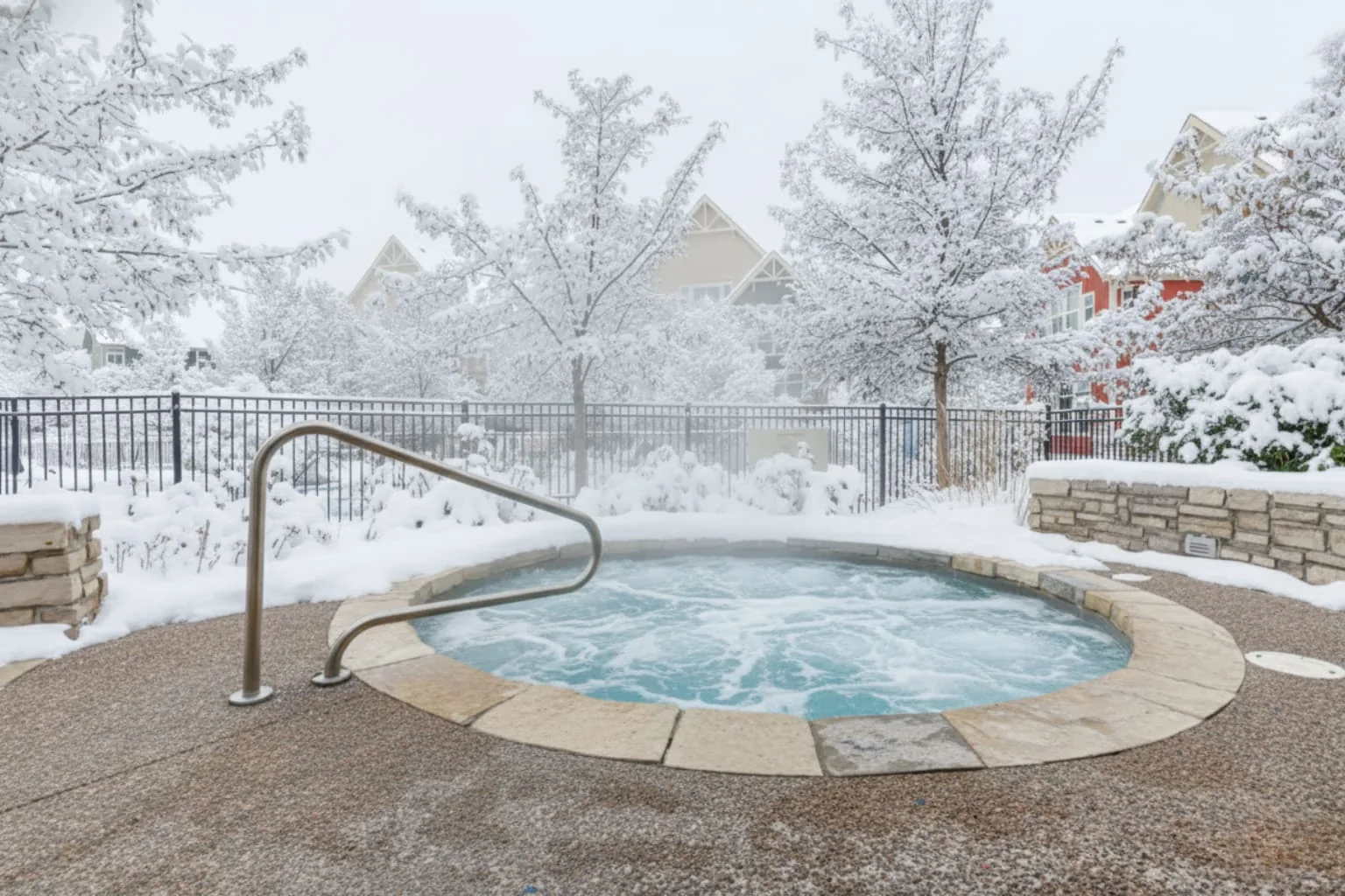 Community hot tub in a snowy winter setting